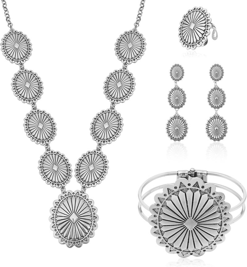 JMScape 4 PCS Western Turquoise Jewelry for Women Boho Vintage Navajo Pearl Necklace Earring Bracelet Ring Set Country Cowgirl Accessories for Gift - Image 1